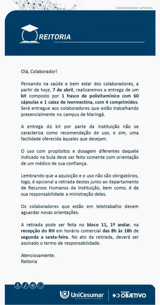 Universidade que tem Medicina dá kit com ivermectina 2 Unicesumar Universidade que tem Medicina dá kit com ivermectina