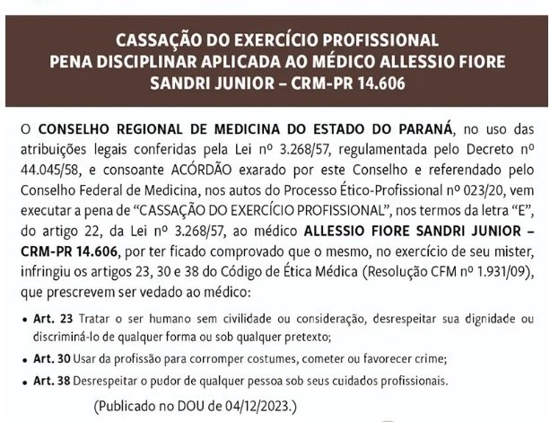 CRM-PR cassa médico acusado de abusar sexualmente de pacientes 1 conselho CRM-PR cassa médico acusado de abusar sexualmente de pacientes