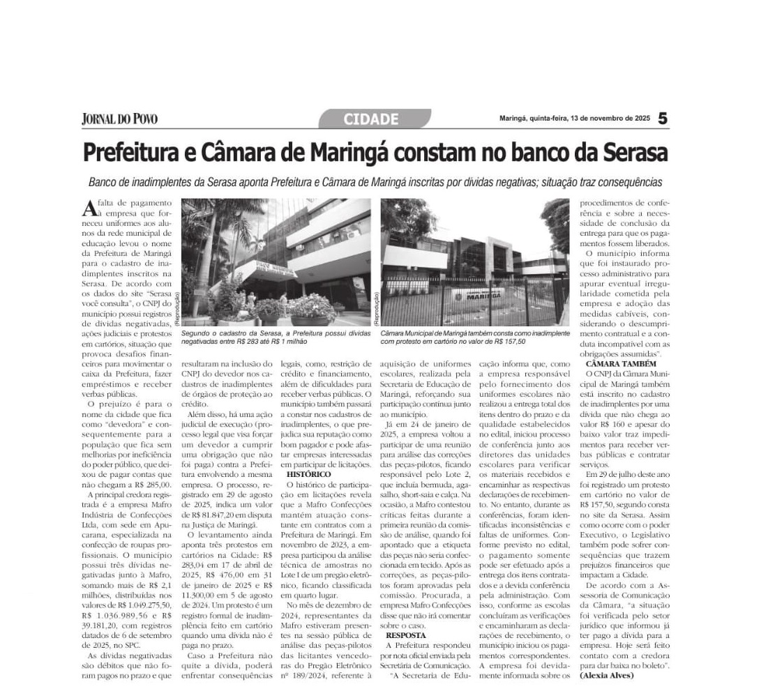 Prefeitura de Maringá consta como inadimplente 2 jornal do povo serasa Prefeitura de Maringá consta como inadimplente